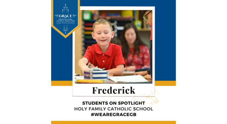 Student spotlight graphic for blog post featuring Frederick of Holy Family Catholic School.